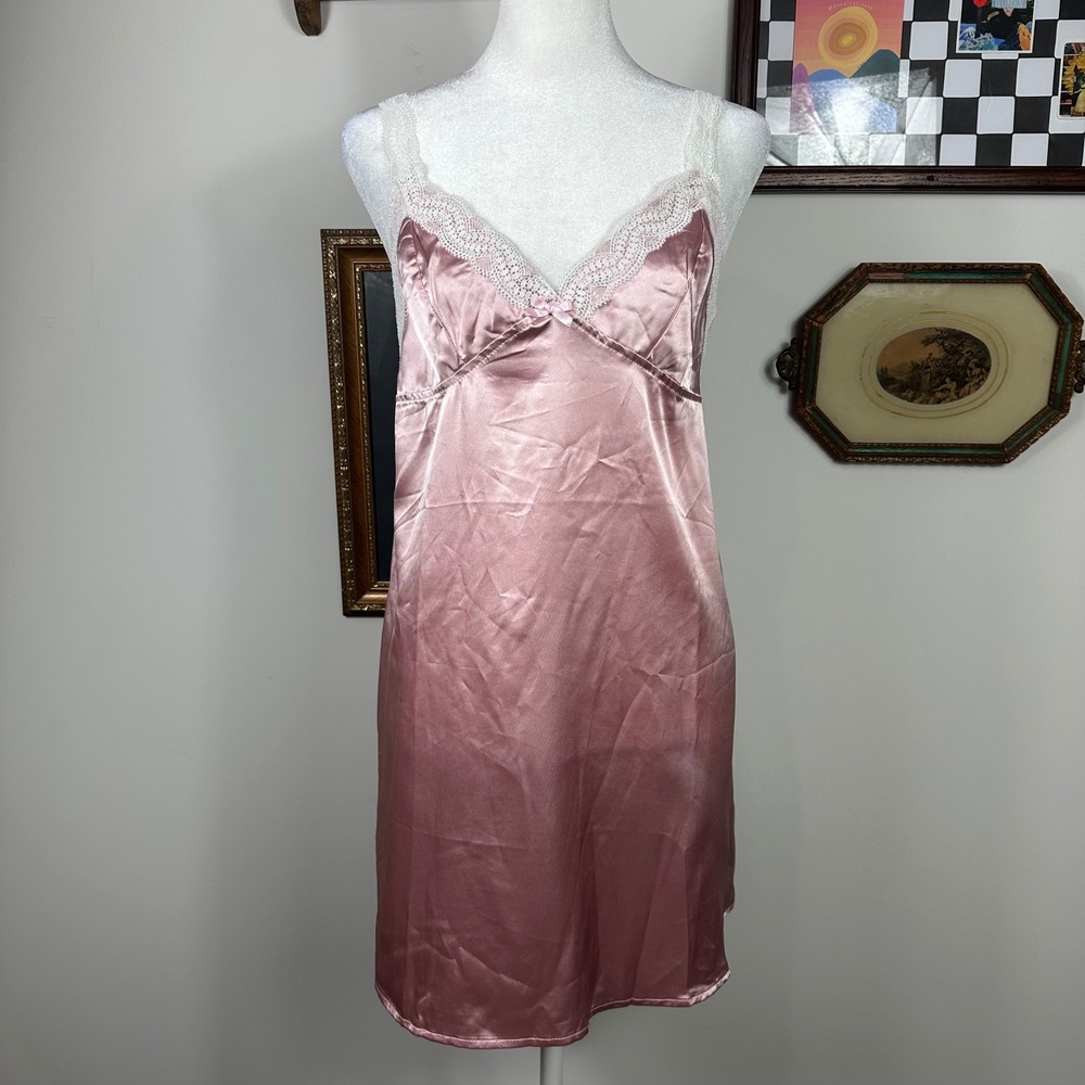 Cozy Rozy Pink Satin Slip Dress with‎ White Lace Trim and Adjustable Straps